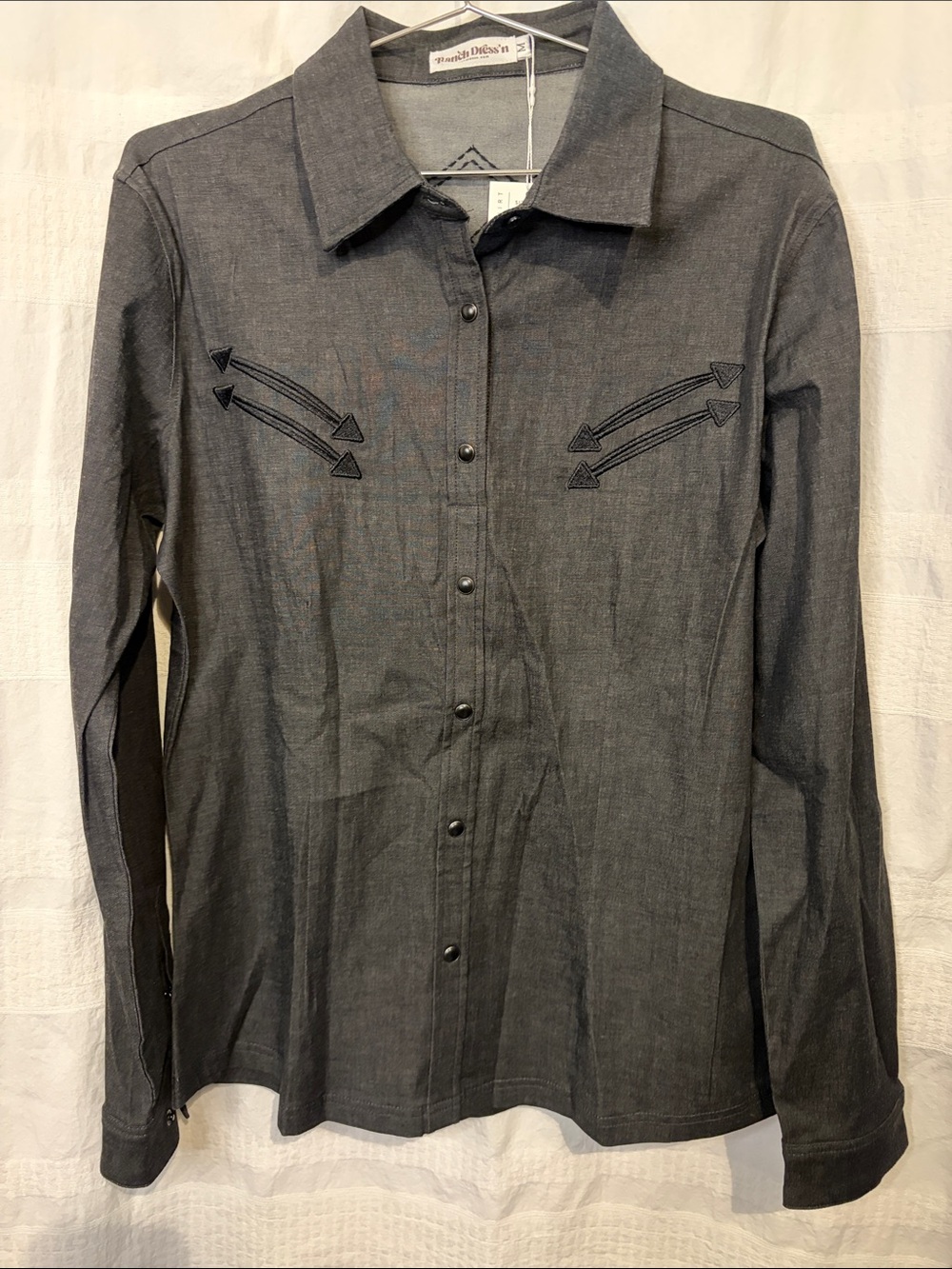 NWT Ranch Dress’n black denim with boot stitch on back size medium